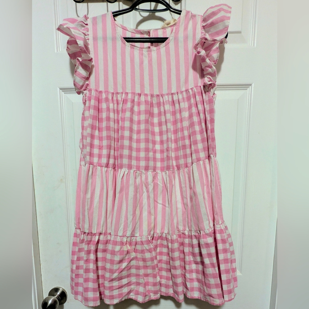 Entro Pink Mixed Stripe Gingham Tiered Flutter Sleeve Dress Small Romantic - Picture 2 of 10